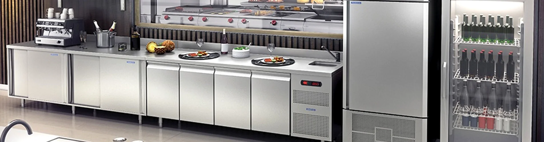 Linha de mobiliário em aço inox para cozinha profissional